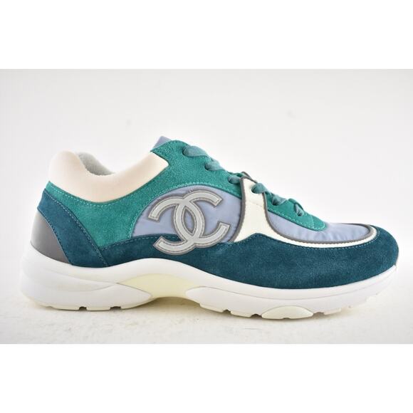 Chanel 19K Mens Green Grey Teal Blue White CC Logo Low Top Trainer Sneaker 44 11 - Picture 2 of 12